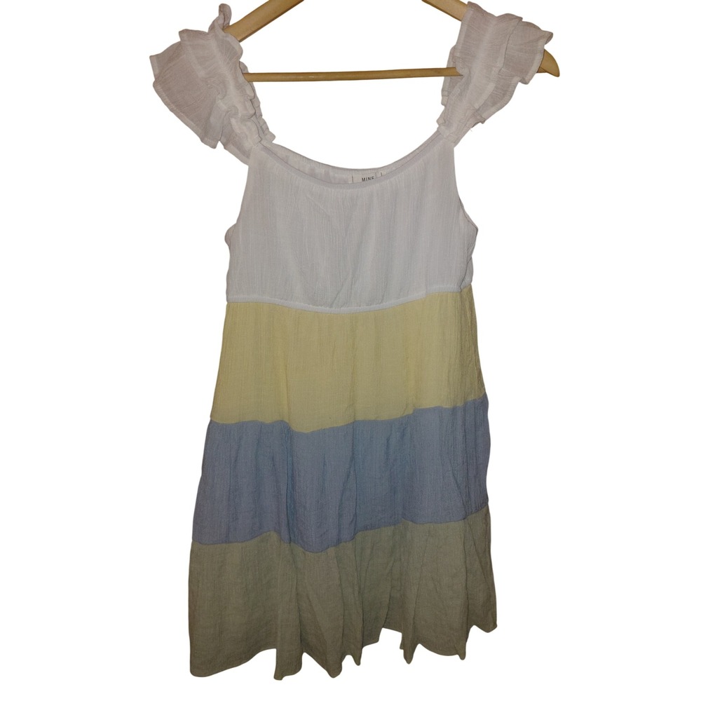 MINE Women Pastel Colorblock Tiered Mini Dress Ruffle Sleeve Crinkle Gauze Mediu
